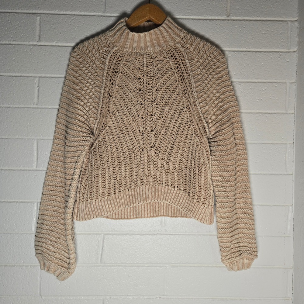 Free People Sweater Small Oversized Beige Cotton Chunky‎ Knit Fisherman Academia